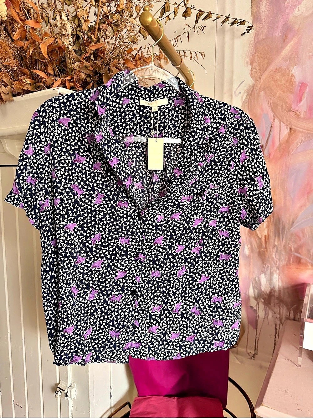 maje Printed Button Down Top in Blue & Purple Size 3 NWT